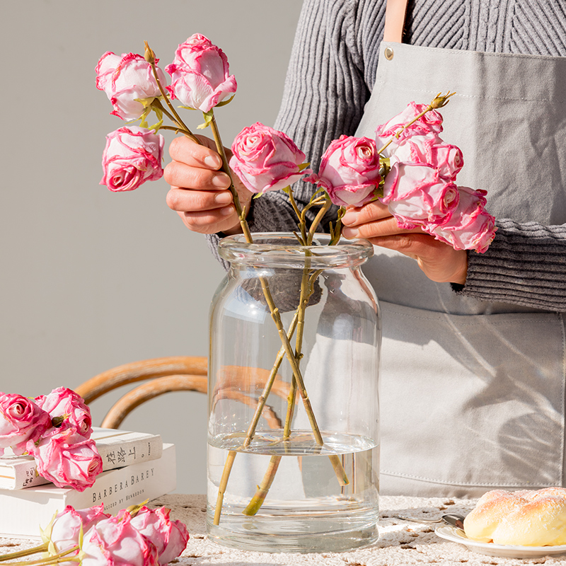 速发仙花花艺焦糖玫瑰花欧式餐桌假花摆件玻璃豆瓶装饰绢花束