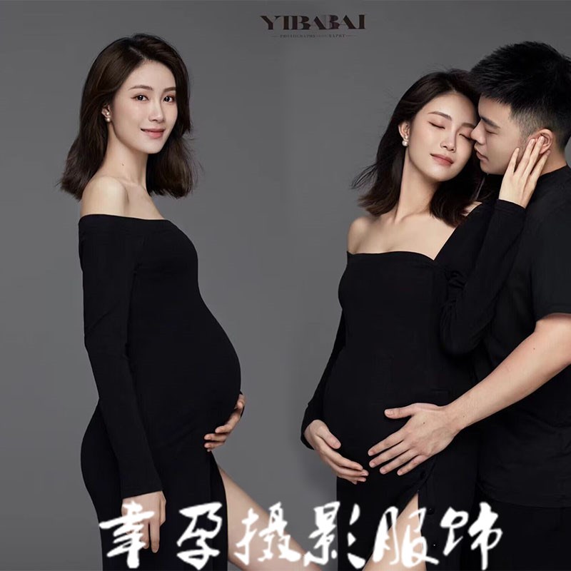 速发孕妇照服装影楼织款情艺主题黑色性感针新连衣裙孕妈侣术照摄