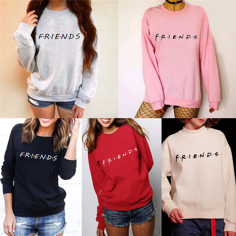 极速Womens Letters FRIENtDS Print Long Sleeve Hoodie Sweatsh