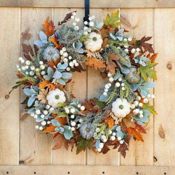 极速Artificigal Pumpkins Wreath Autumn Wreath with Green And