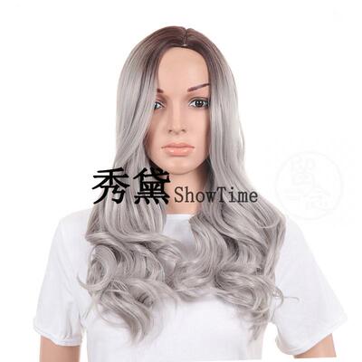 极速。Wig European and Amn womens grey dyeing headset .long