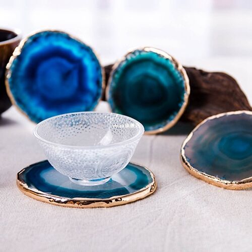 极速2Pcs Agate Slice Blueu Agate Coaster Teacup Tray Decorat
