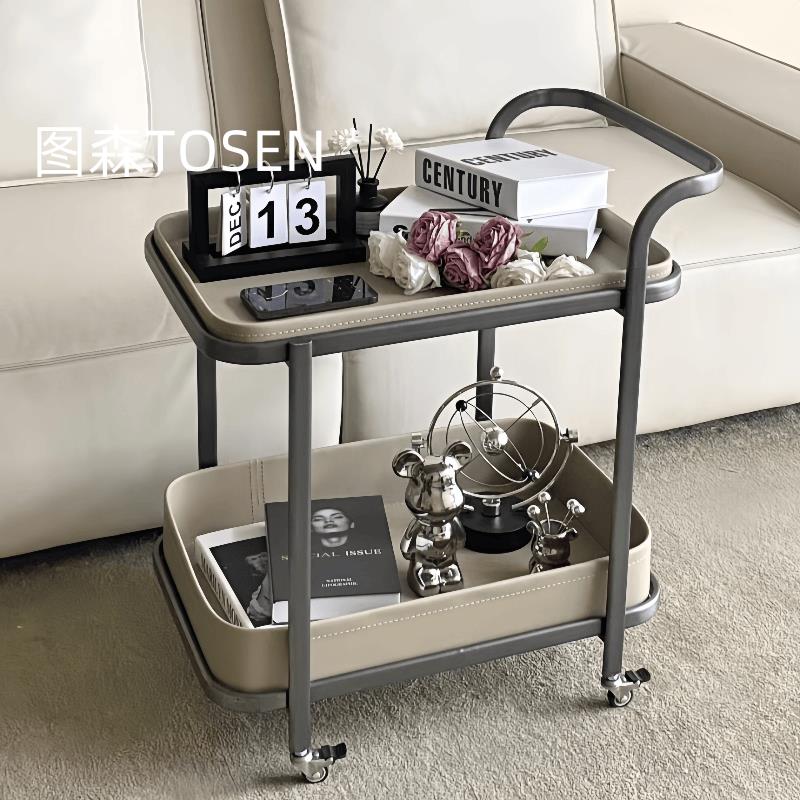 意式轻奢可移动茶几马鞍皮沙发边几小推车客厅家用带轮置物架