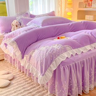 冬季加厚牛奶丝绒绗缝床裙四件套高端无障碍豪华羊毛衬里床单三件