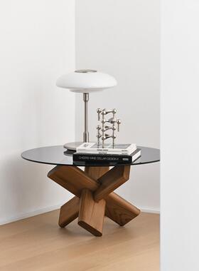 JOLOR进口现代北欧简约侘寂柚木实木玻璃茶几客厅圆形边几
