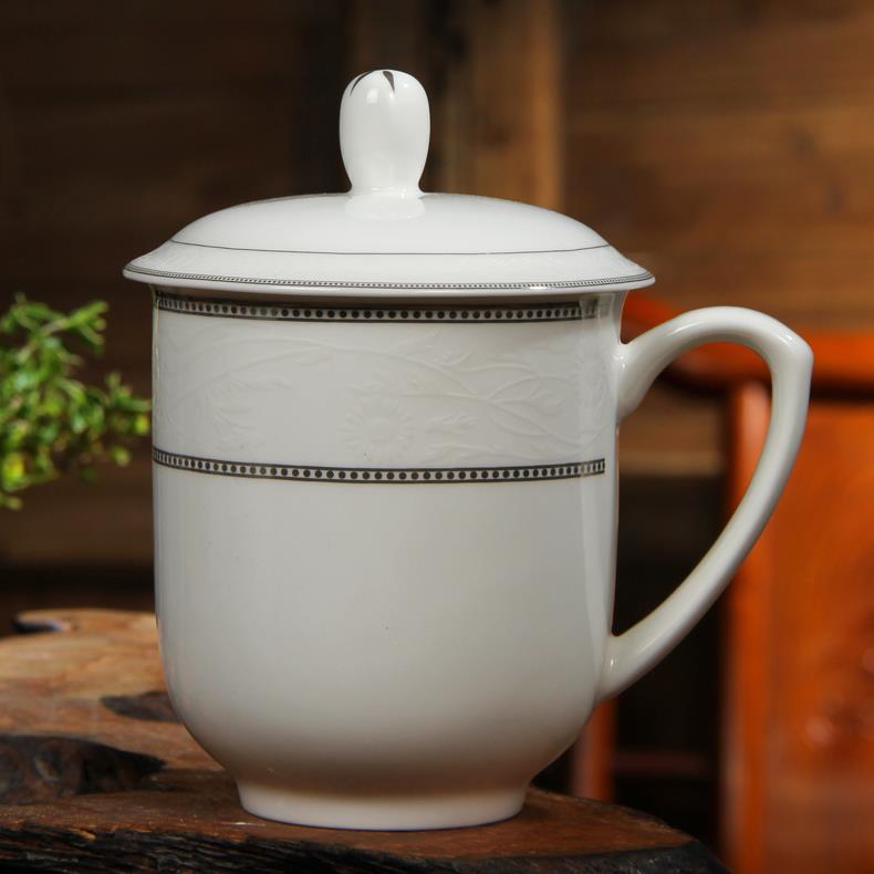 景德镇茶杯陶瓷带盖办公室会议瓷杯子银边骨瓷水杯定制LOGO