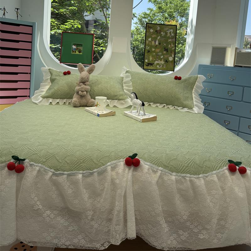 韩系蕾丝双层花边凉泡泡樱桃绿床裙夏凉席三件套空调席1.5m1.8米
