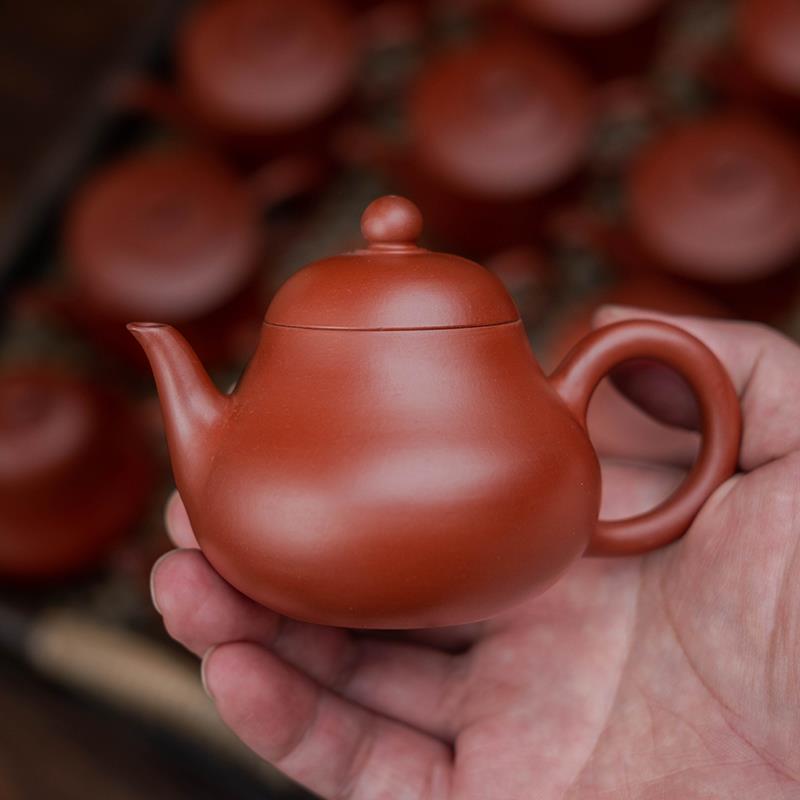 潮州手拉壶梨壶于笠壶 朱泥大红袍紫砂壶 半手工功潮汕夫茶壶三杯