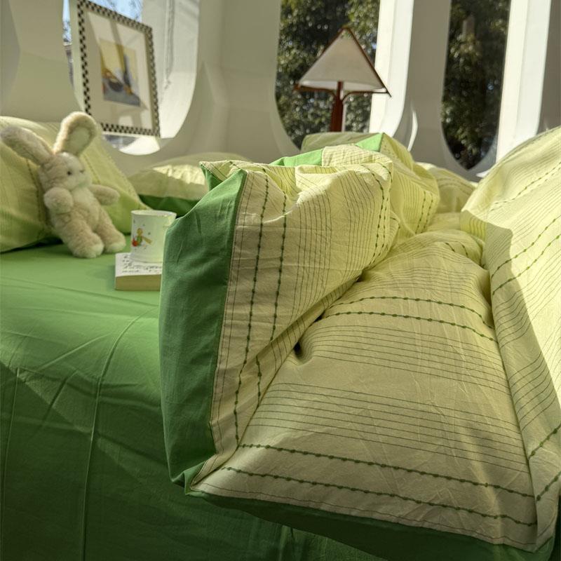 北欧水洗棉提花简约条纹绿床上四件套全棉1.5m1.8米公寓被套三件