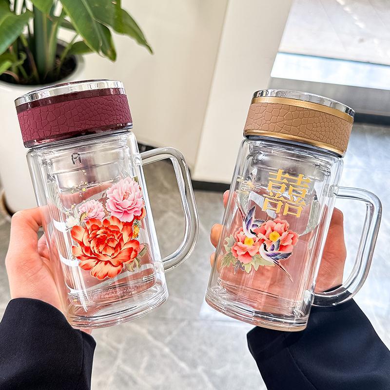 高档双层玻璃杯加厚带把手滤网泡茶杯老式怀旧隔热水杯情侣款一对