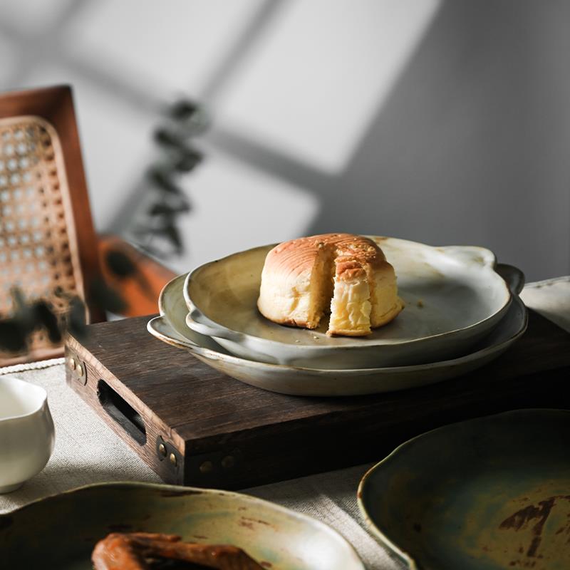 莳绘金缮2025新款复古粗陶双耳菜盘家用手工景德镇餐具平盘子菜碟