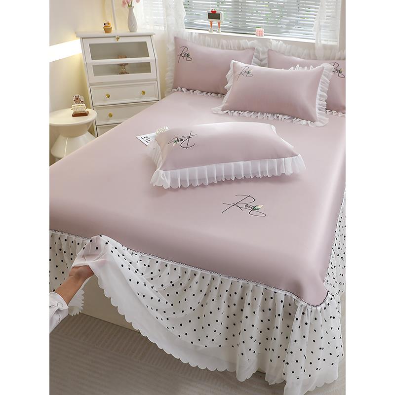 夏季冰丝凉席三件套1.8/2m蕾丝床裙款公主风可水洗折叠空调软凉席