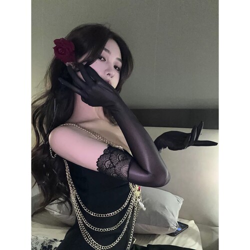 蕾丝边超滑黑丝手丝袜手套高密油亮黑丝袜分指手套性感黑丝cos女