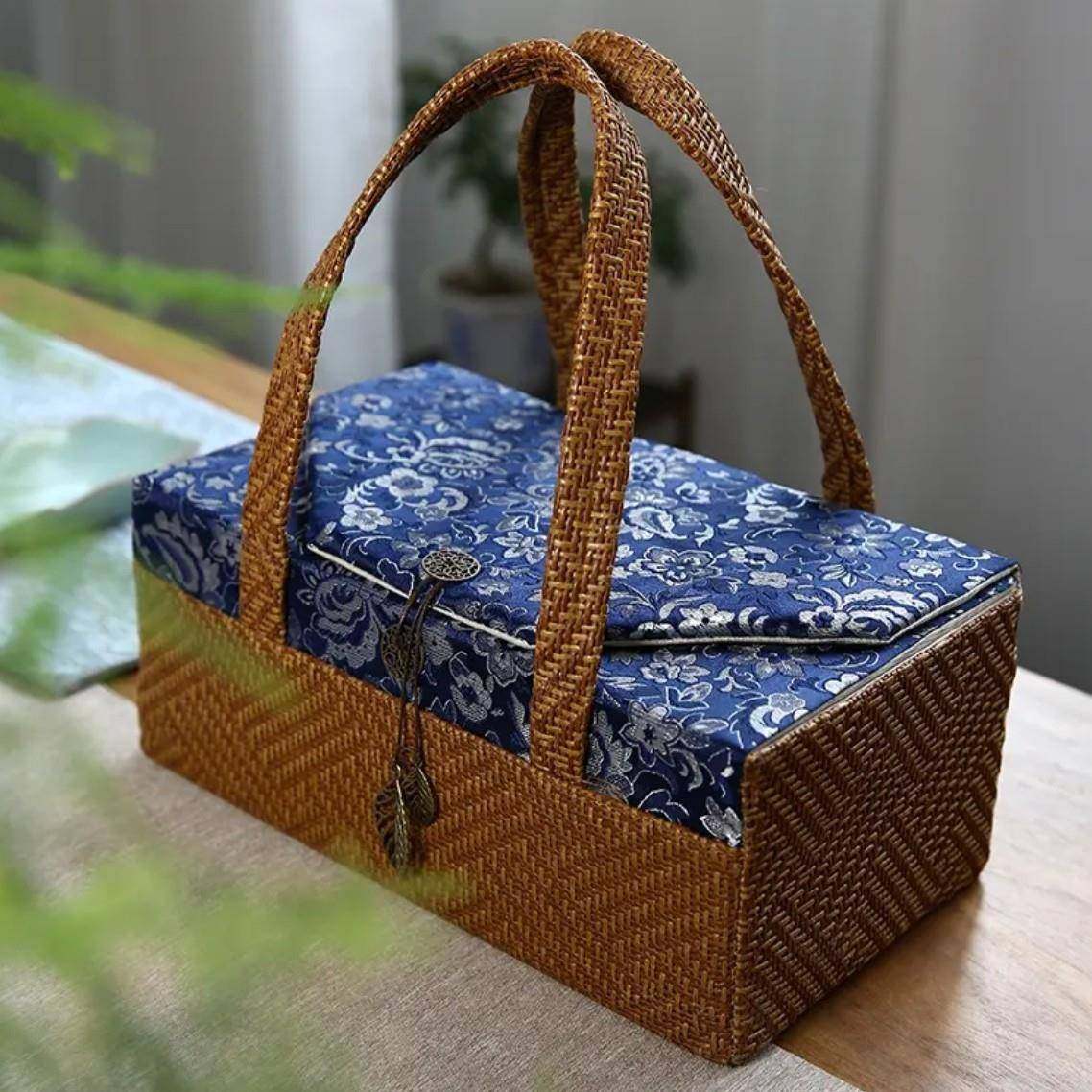 户外旅行茶具大容量藤编布艺收纳包家用布袋便携式加厚防震手提包,餐饮具,整套茶具,淘宝优惠券,粉丝福利购,淘宝优惠卷