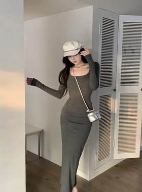 极速灰色包臀鱼j尾裙长袖打底连衣裙毛衣长裙秋冬内搭修身显瘦中
