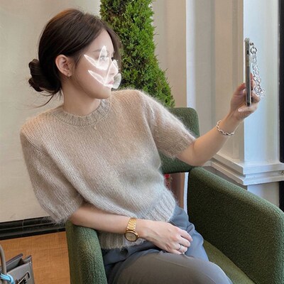 极速粉色慵懒g马海毛短袖毛衣女2023春秋复古温柔风宽松圆领针织