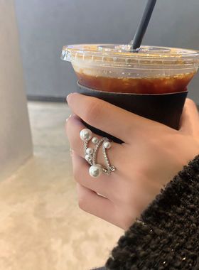 极速戒指女时尚个性缠绕镶钻珍珠指C环开口ins潮网红冷淡风网红食