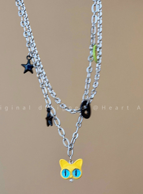 极速多巴胺双层猫头钛钢项链女小众甜酷辣妹锁骨链情侣Z时尚百搭