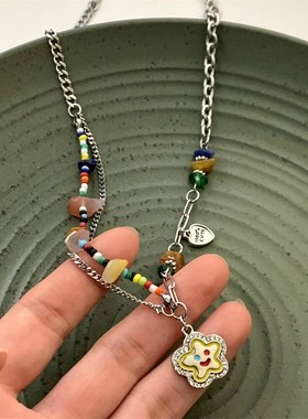 极速彩色串珠笑脸项链女轻奢小众ins设计感多巴T胺锁骨链甜酷潮牌