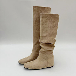 跟高4cm/34-39/方头平底内增高可堆堆柔软舒适手工真皮靴