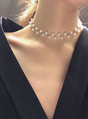 极速新款颈圈脖子时尚风珍珠项链珍珠项炼L女款仙气颈链配饰锁骨