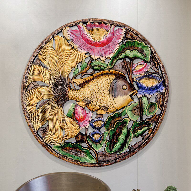 新品泰国柚木木雕工艺品壁挂金z色鱼雕花板客厅圆形玄关背景墙装