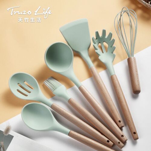 新品Wooden Silicone Kitchen Uytensil Nonstick Utensils Cooki