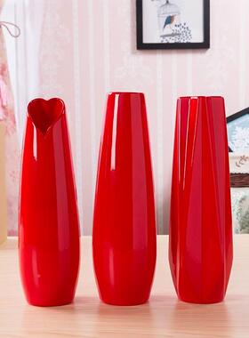 极速l厅红色庆陶瓷摆件婚婚喜y庆中结国红花瓶新婚客现代家居装饰