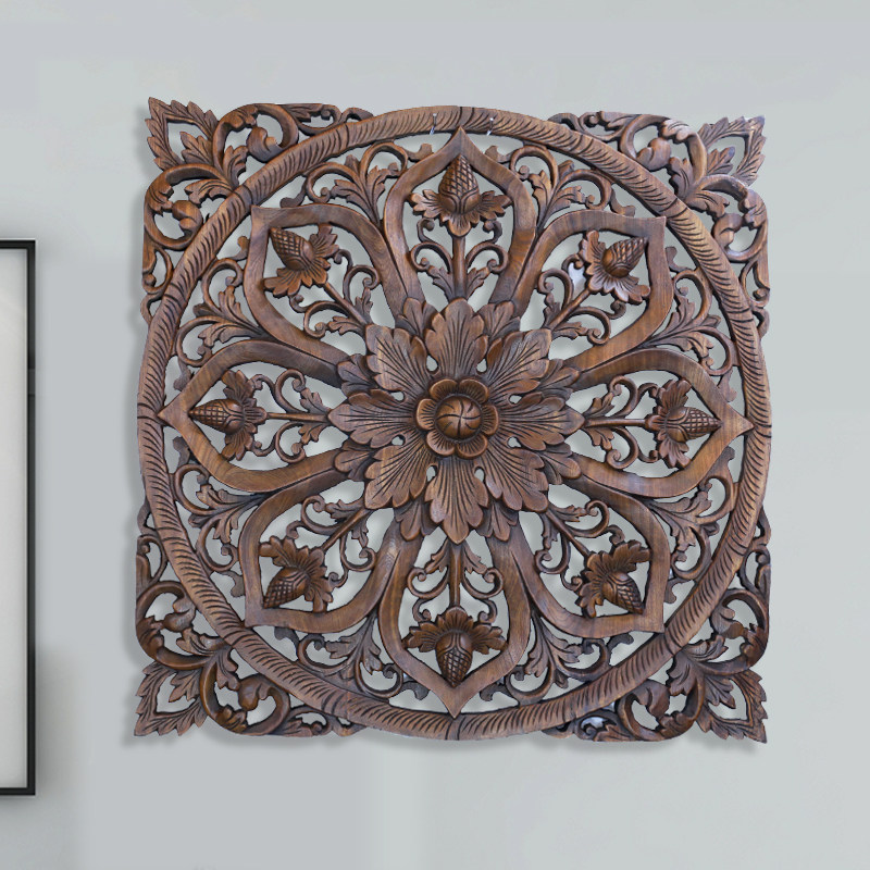 新品东南亚d木雕壁饰泰国进口圆形90cm雕花板酒店会所玄关壁画墙
