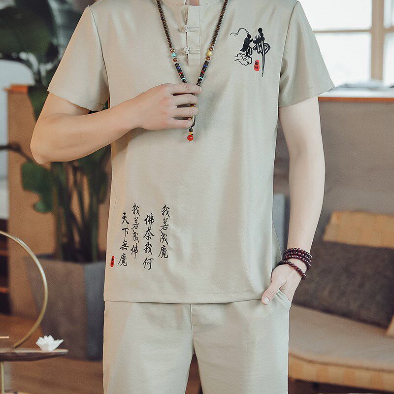 新品202e2新款夏季中国风刺绣套装男复古短袖t恤古风佛系唐装汉服