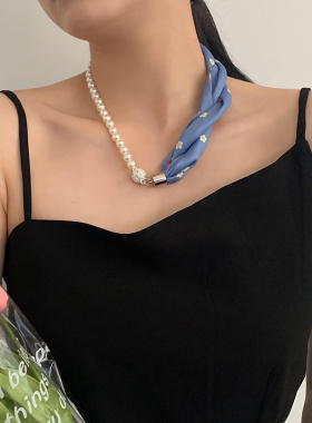 极速法式复古珍珠丝巾项链搭配腰果花丝J带小领巾项链锁骨链小丝