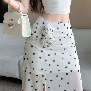 开叉包臀 设计感花朵高腰a字裙修身 新品 白色波点f雪纺半身裙女夏季