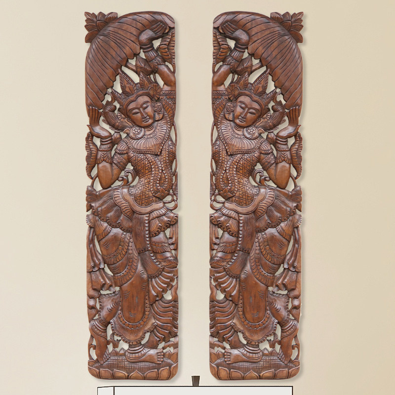 新品泰国进口柚木雕花板 东南亚风格G大型人物木雕壁饰客厅电视背