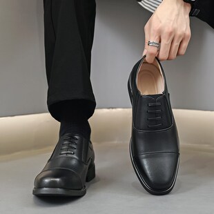 新品三接头e皮鞋男款商务正装休闲内增高英伦结婚黑色无鞋带一脚