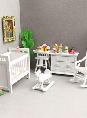 1:12娃娃屋dollhouse迷你家具白色儿童房套装小床摇椅摇马柜子