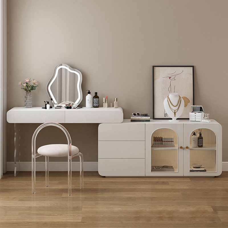 现代简约实木梳妆台收纳柜一体伸缩化妆桌亚克力法式奶油风化妆台