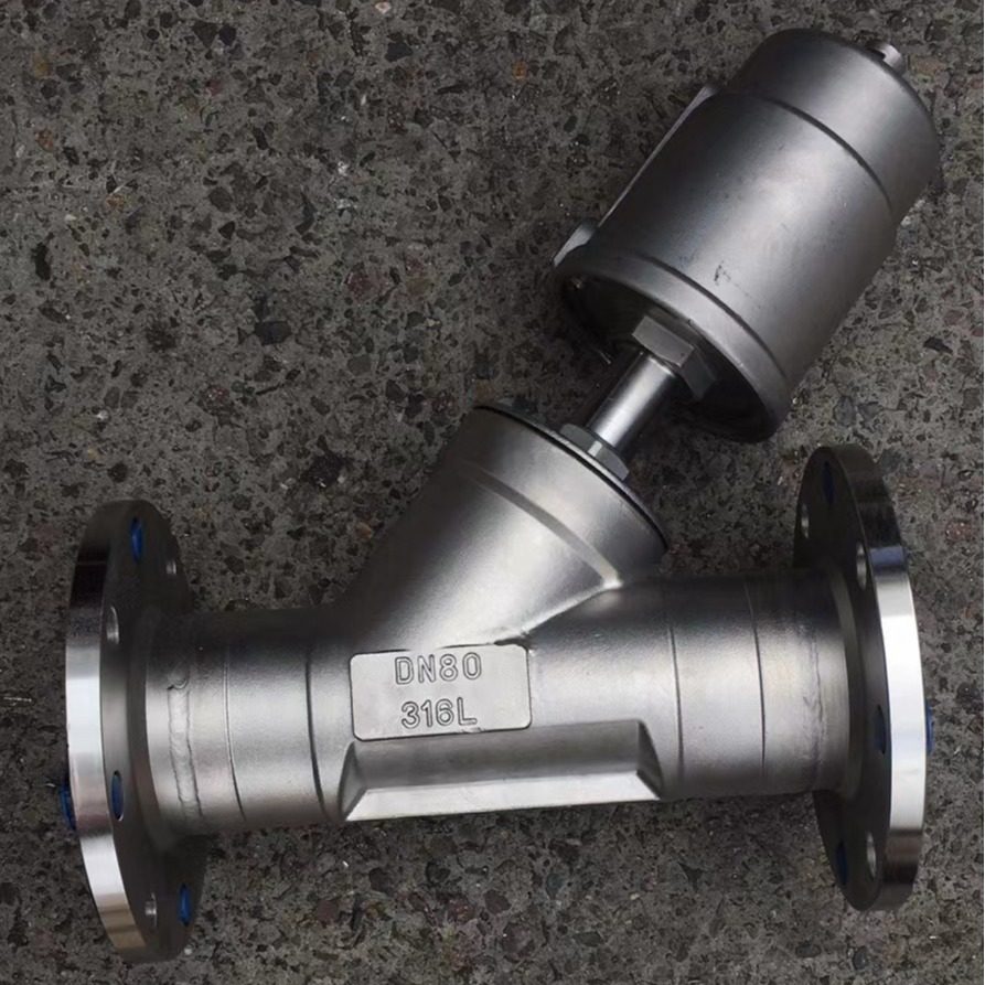 Y645F-16RL不锈钢气动法兰角座阀 四氟密封 双作用气缸 全钢头