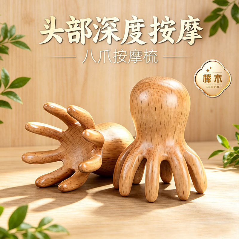 天然榉木八爪大章鱼按摩梳头部头皮深度按摩舒活筋骨头疗宽齿便携