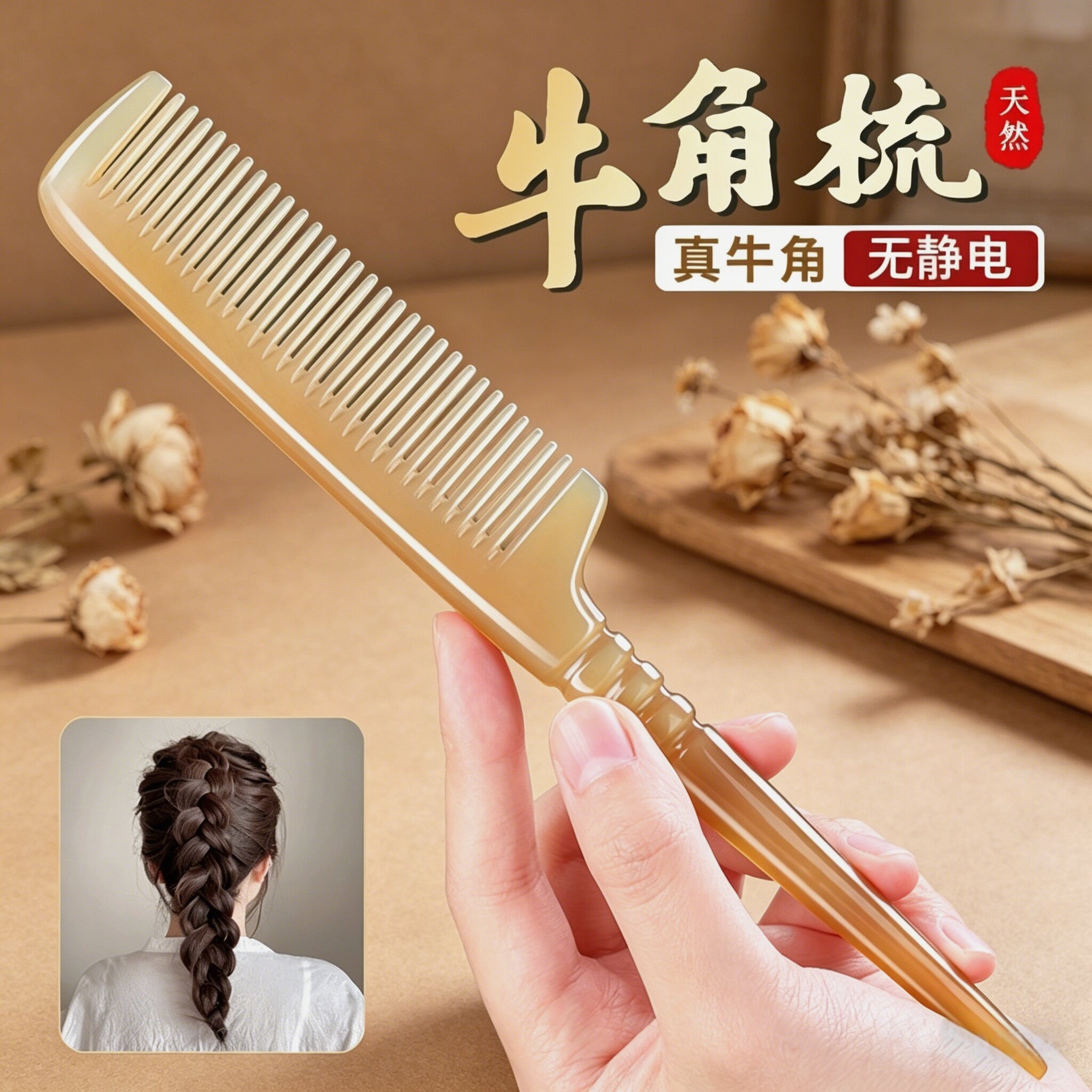 天然白水牛角尖尾梳长发型扎辫子美发女士专用细齿梳子尖头不伤发