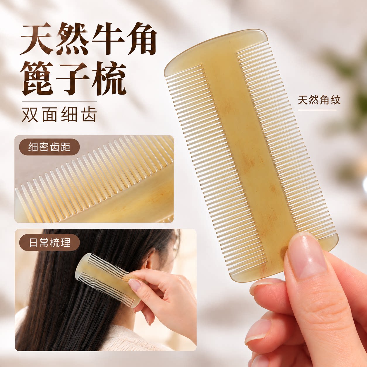 篦子梳小号细齿密梳家用去头屑头皮清洁牛角梳子通用家庭备用小款
