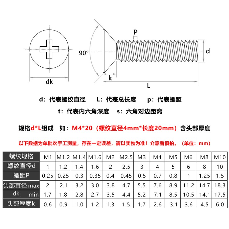 M4*6-40mm黄铜螺丝十字槽平头螺栓沉头螺丝钉无磁机螺钉国标现货