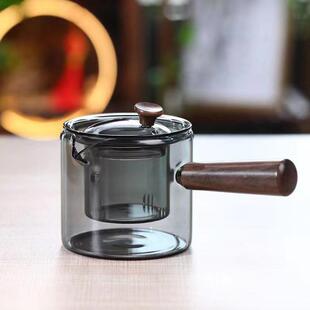 耐热电陶炉茶具套装 玻璃侧把壶耐高温木把家用烟灰色煮茶壶新款