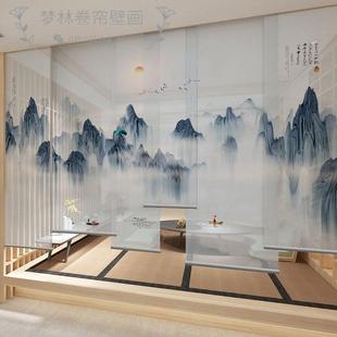 窗帘山水半透景纱双面卷帘茶室办公室餐厅电动装 定制中式 饰隔断