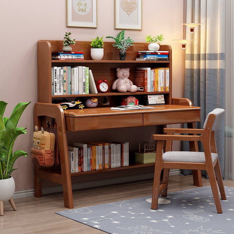 实木书桌一体带书架的写字桌简约中小学生家用儿童升降学习桌男孩