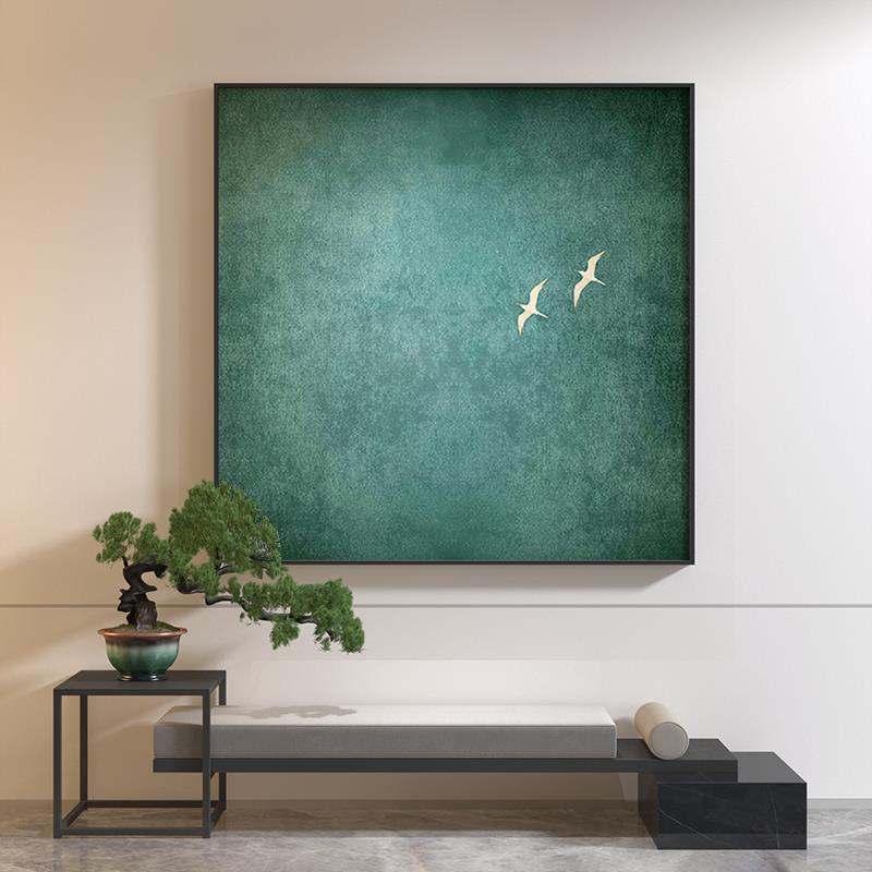 日式侘寂风格装饰画蓝色极简抽象留白飞鸟轻奢玄关壁画正方形挂画图片