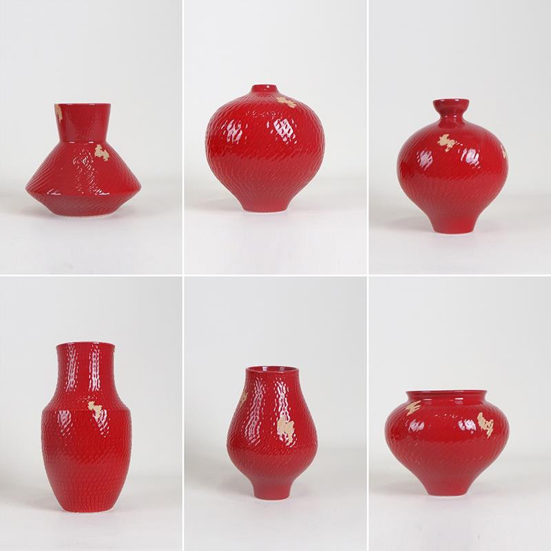 新中式大红色陶瓷花瓶摆件客厅餐桌陶瓷酒店新房办公室软装饰摆设