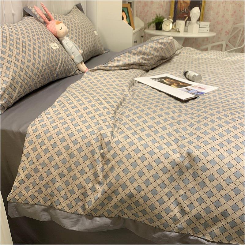北欧宽边时尚简约风几何格子全棉四件套纯棉双人被套床单床上用品