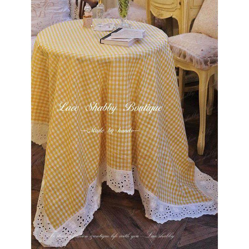 太治愈瞭！法式乡村小清新黄色格子亚麻蕾丝荷叶边覆古餐桌布盖巾,居家布艺,桌布,淘宝优惠券,粉丝福利购,淘宝优惠卷