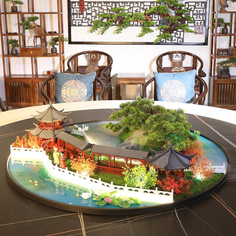 新中式大圆桌装饰酒店饭店餐桌中间摆花遥控雾化灯光桌芯景观摆件