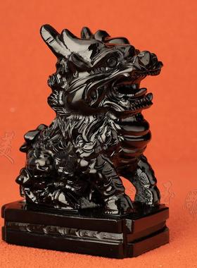 天然黑曜石色麒麟招财摆件住宅办公室玄关窗台桌面坐款装饰工艺品